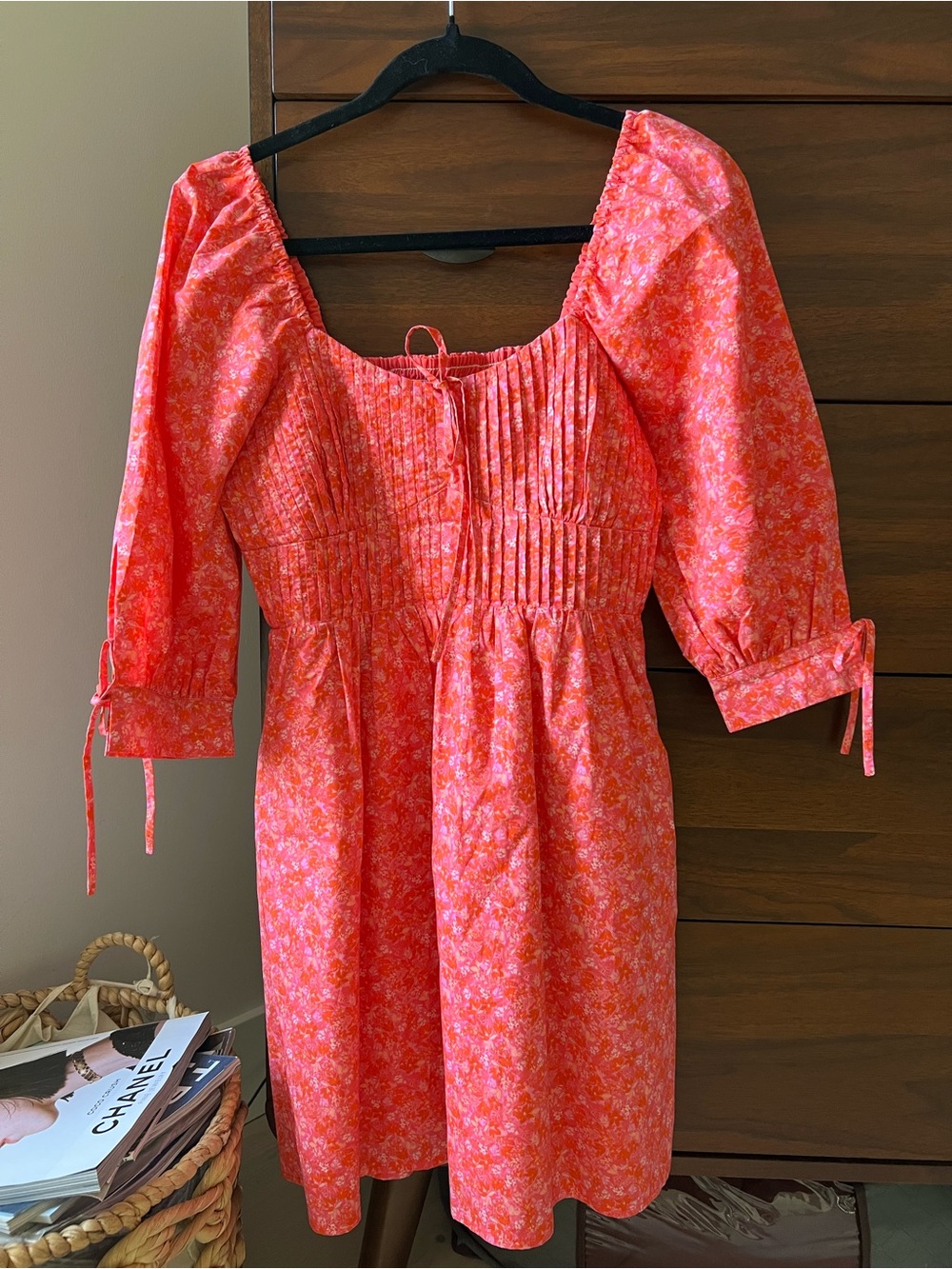 Greylin Coral Pink Floral Smocked Puff-Sleeve Dress